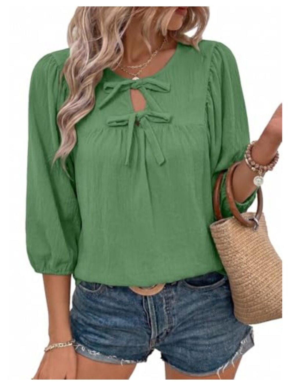 SHEWIN Womens 3/4 Sleeve Bow Tie Babydoll Blouse Dressy Casual Top